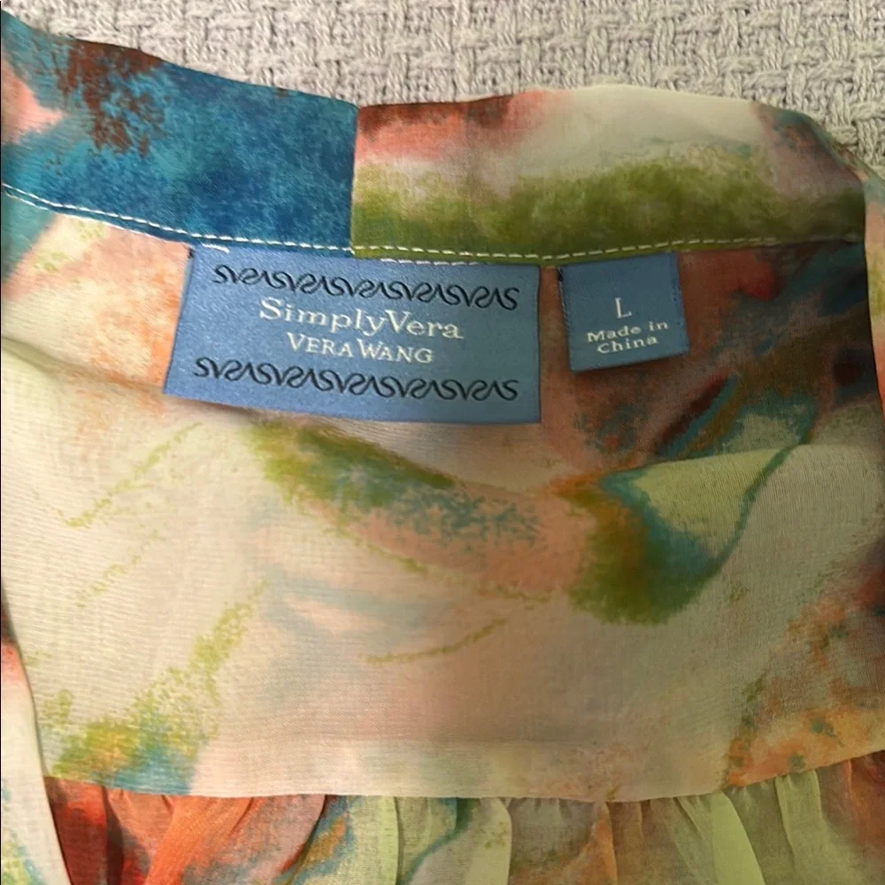 Simply Vera Vera Wang Green and Orange Sleeveless Ruffled Blouse - Picture 2 of 3